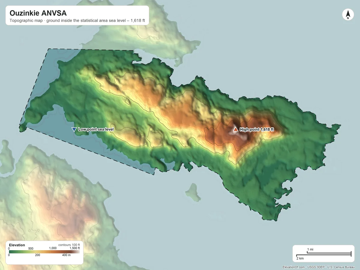 Topographic elevation map of Ouzinkie ANVSA, Alaska, shaded from sea level on the Narrow Strait to 1,618 ft on Mount Herman