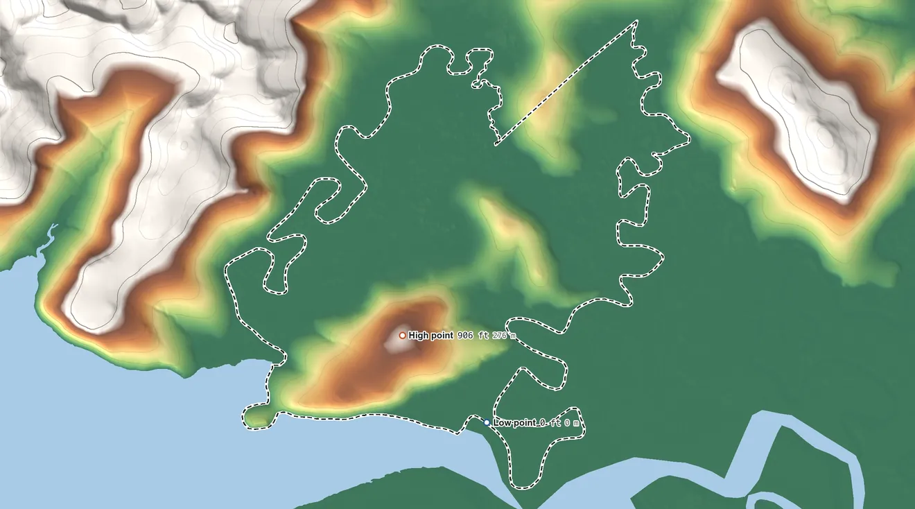 Topographic elevation map of Paimiut ANVSA, Alaska, shaded from sea level on Kokechik Bay to 906 ft on Kikuktok Mountain