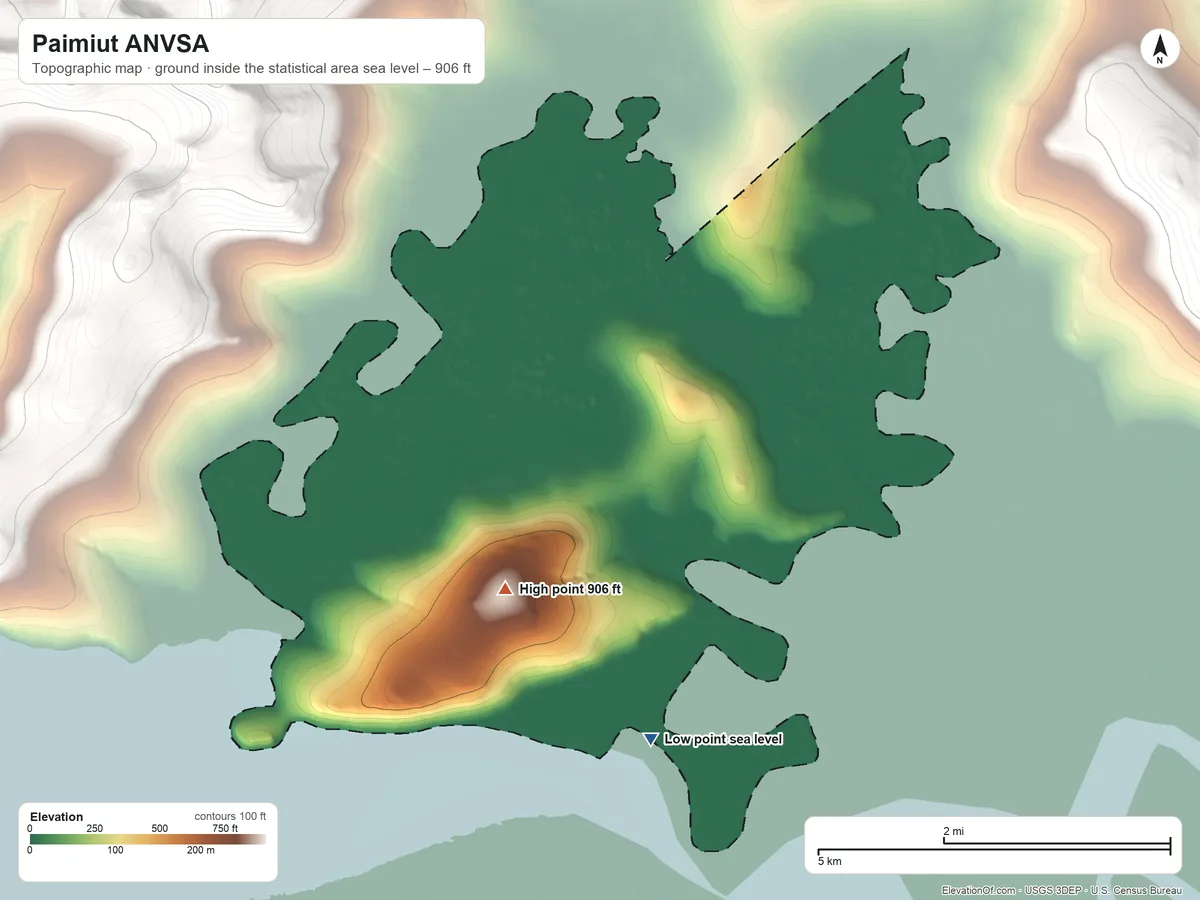 Topographic elevation map of Paimiut ANVSA, Alaska, shaded from sea level on Kokechik Bay to 906 ft on Kikuktok Mountain