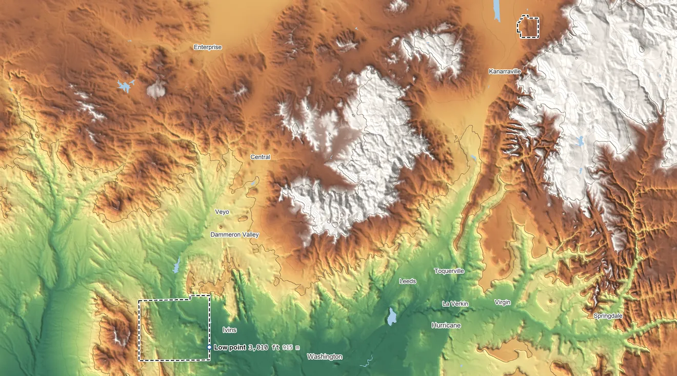 Topographic elevation map of Paiute (UT) Reservation, Utah, shaded from 3,010 ft on the southwest side to 7,340 ft on the northeast side