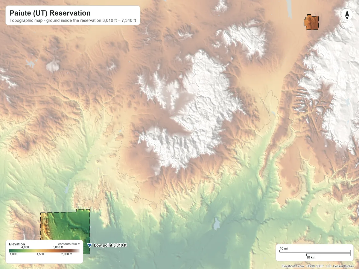 Topographic elevation map of Paiute (UT) Reservation, Utah, shaded from 3,010 ft on the southwest side to 7,340 ft on the northeast side