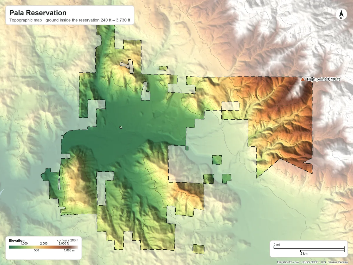 Topographic elevation map of Pala Reservation, California, shaded from 240 ft on the west side to 3,730 ft on the northeast side
