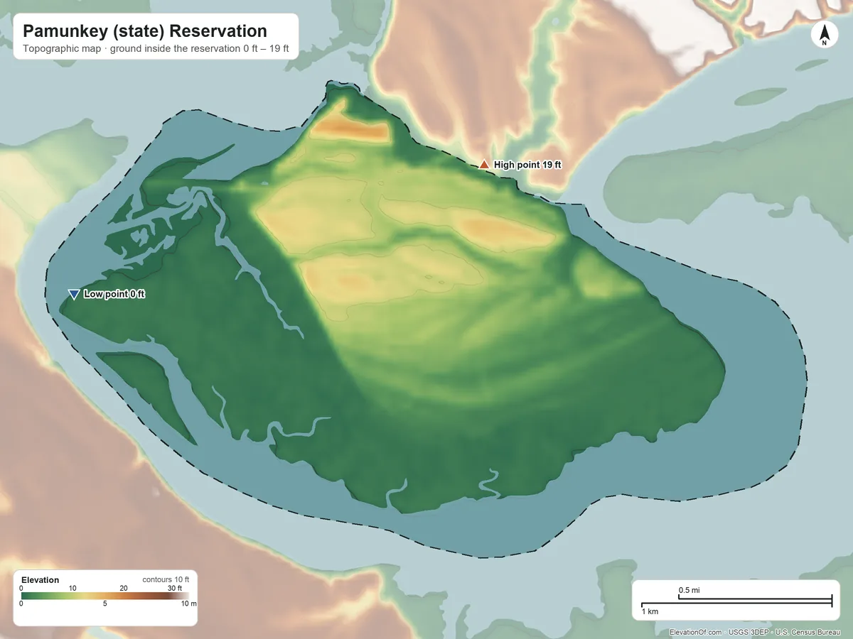 Topographic elevation map of Pamunkey (state) Reservation, Virginia, shaded from 0 ft on the west side to 19 ft on the north side