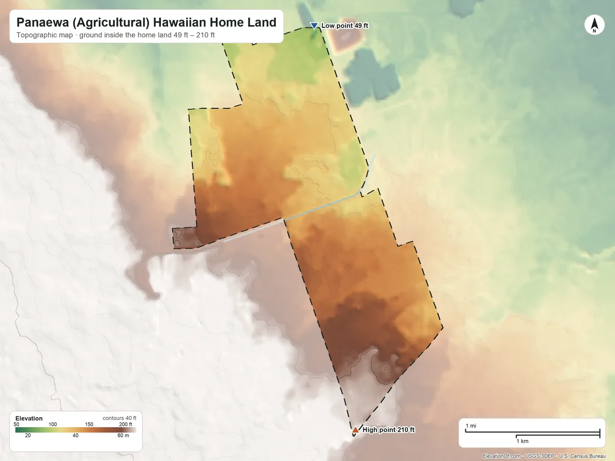Topographic elevation map of Panaewa (Agricultural) Hawaiian Home Land, Hawaii, shaded from 49 ft on the north side to 210 ft on the south side