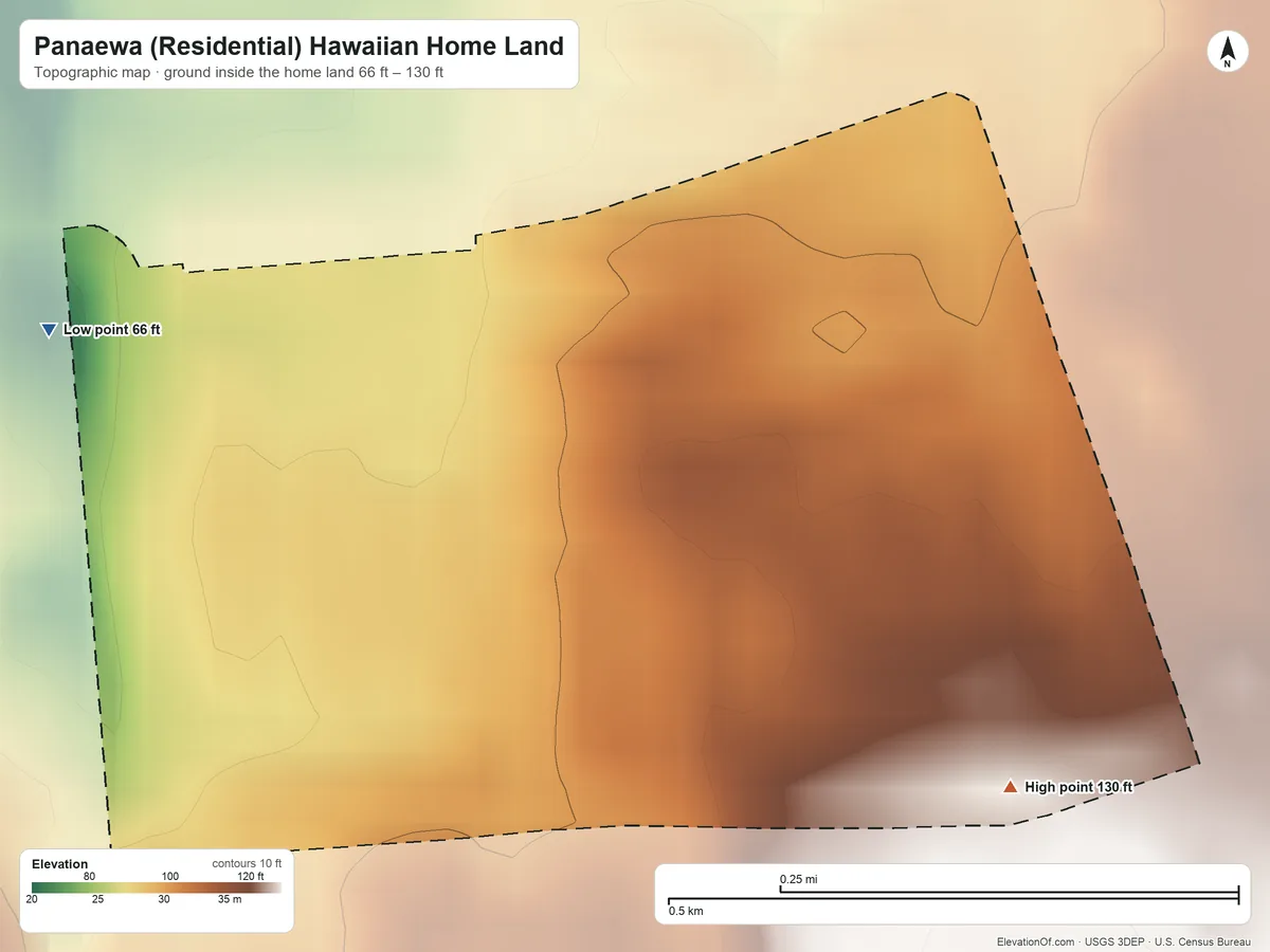 Topographic elevation map of Panaewa (Residential) Hawaiian Home Land, Hawaii, shaded from 66 ft on the west side to 130 ft on the southeast side