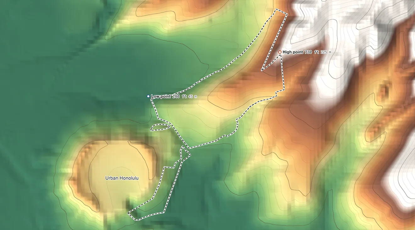 Topographic elevation map of Papakolea Hawaiian Home Land, Hawaii, shaded from 140 ft on the west side to 730 ft on the northeast side