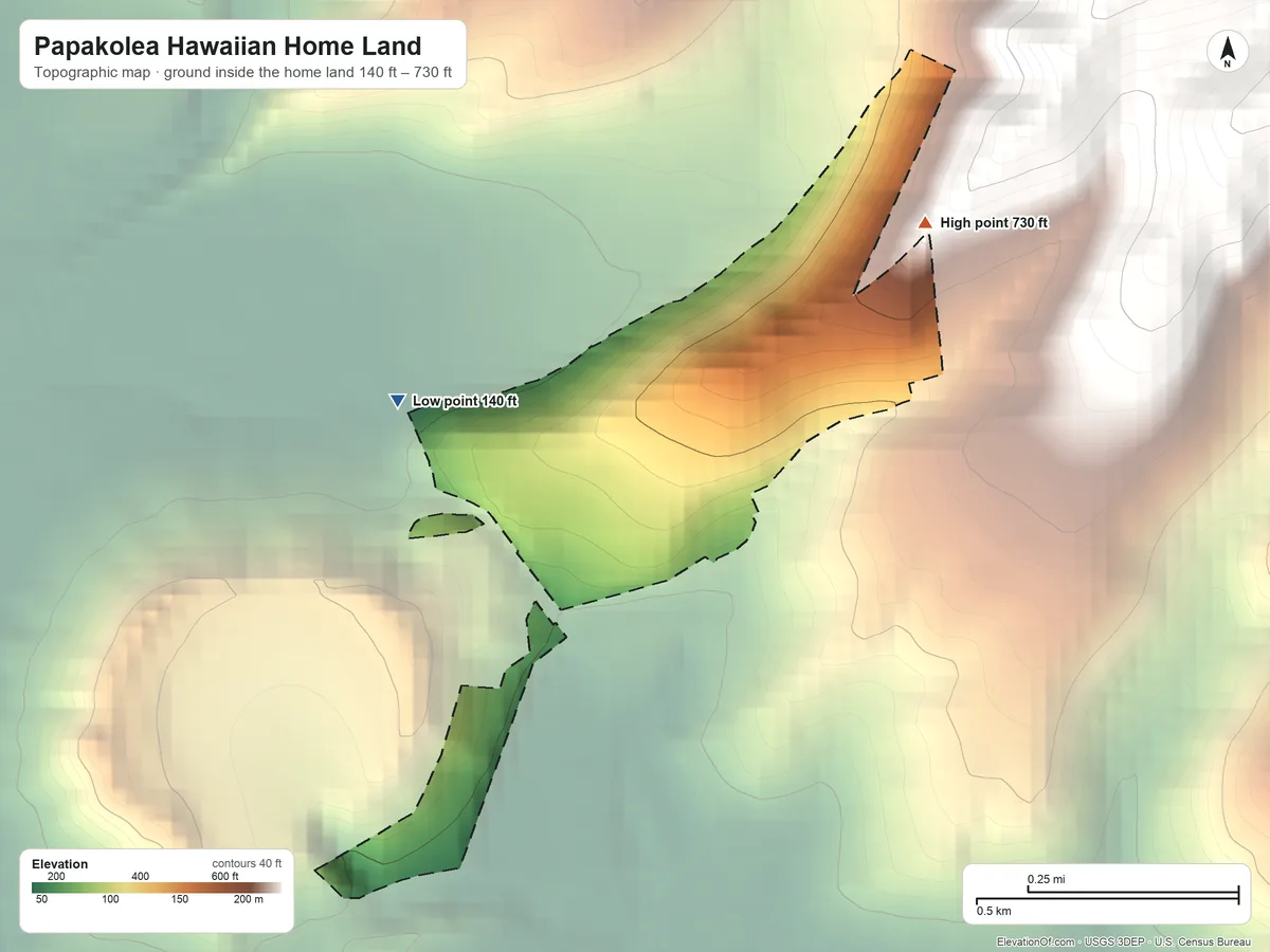Topographic elevation map of Papakolea Hawaiian Home Land, Hawaii, shaded from 140 ft on the west side to 730 ft on the northeast side