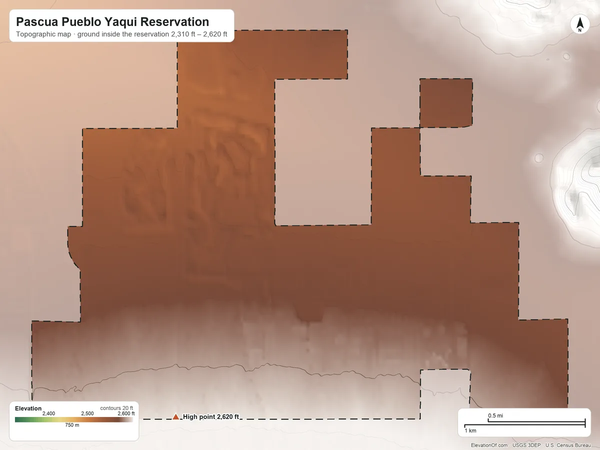 Topographic elevation map of Pascua Pueblo Yaqui Reservation, Arizona, shaded from 2,310 ft on the northeast side to 2,620 ft on the southwest side