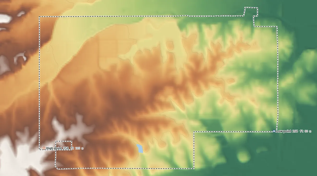 Topographic elevation map of Paskenta Rancheria, California, shaded from 260 ft on the east side to 350 ft on the southwest side