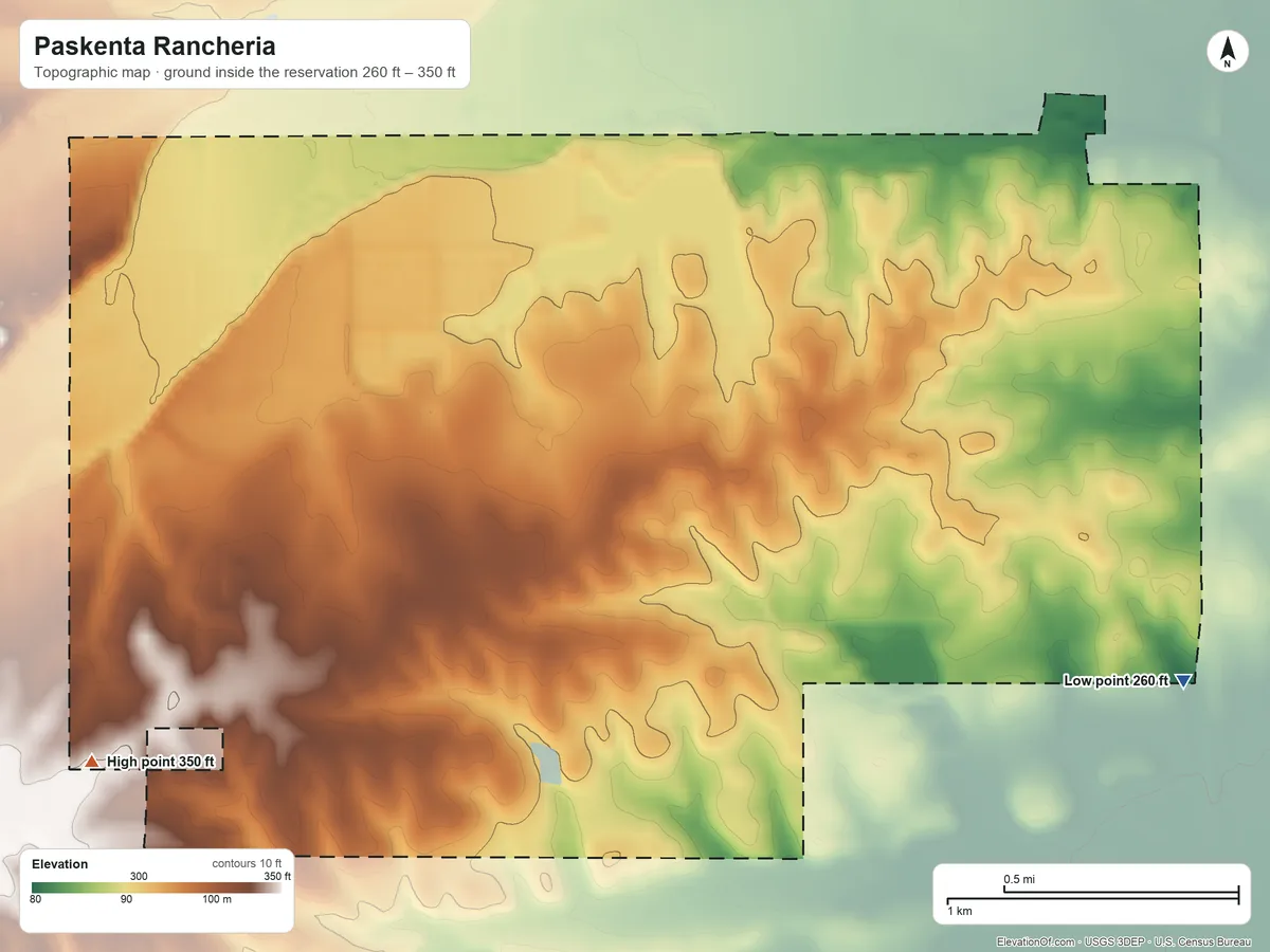 Topographic elevation map of Paskenta Rancheria, California, shaded from 260 ft on the east side to 350 ft on the southwest side