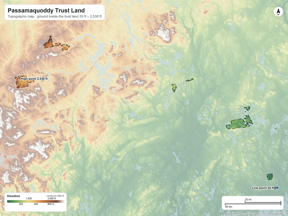 Topographic elevation map of Passamaquoddy Trust Land, Maine, shaded from 55 ft on the southeast side to 2,530 ft on Clear Pond Mountain