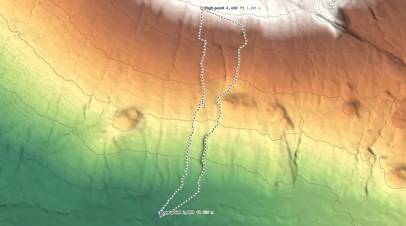 Topographic elevation map of Pauahi Hawaiian Home Land, Hawaii, shaded from 2,000 ft on the southwest side to 4,480 ft on the north side