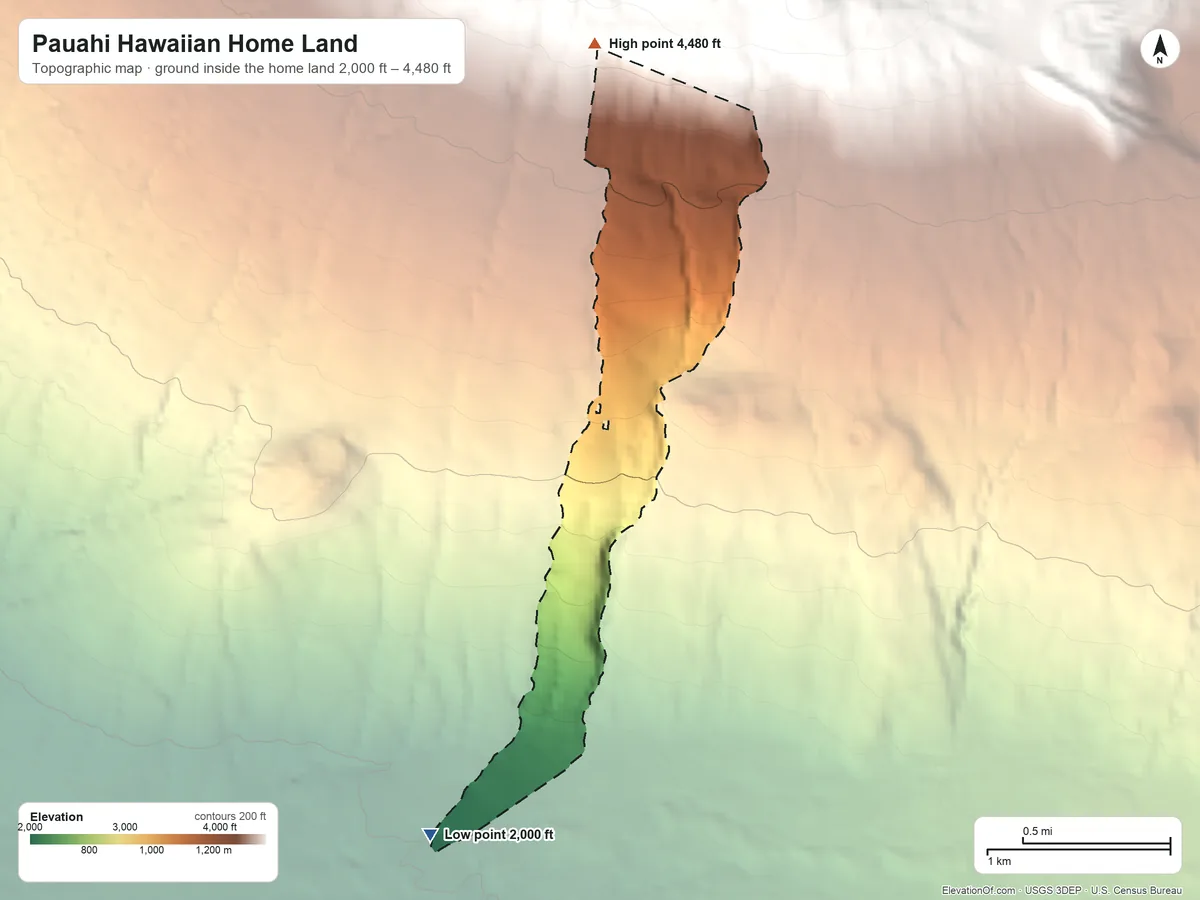 Topographic elevation map of Pauahi Hawaiian Home Land, Hawaii, shaded from 2,000 ft on the southwest side to 4,480 ft on the north side