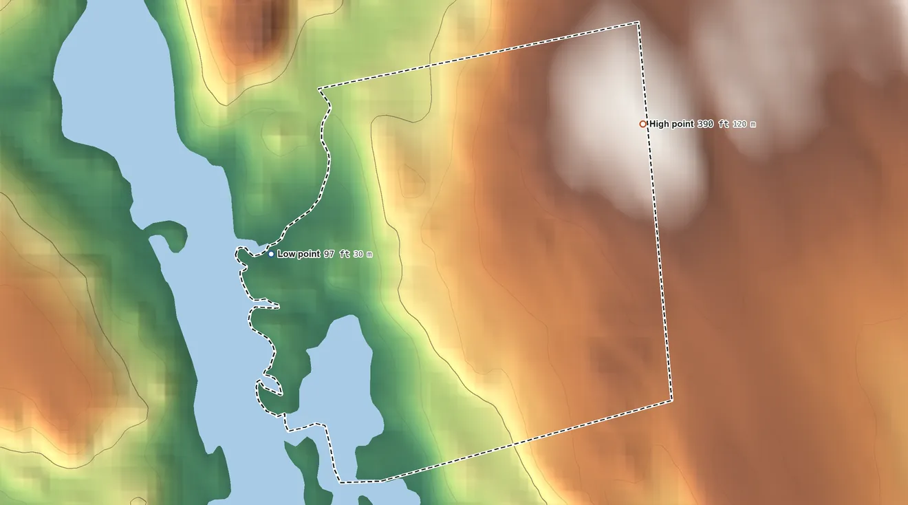 Topographic elevation map of Paucatuck Eastern Pequot (state) Reservation, Connecticut, shaded from 97 ft on the west side to 390 ft on the northeast side