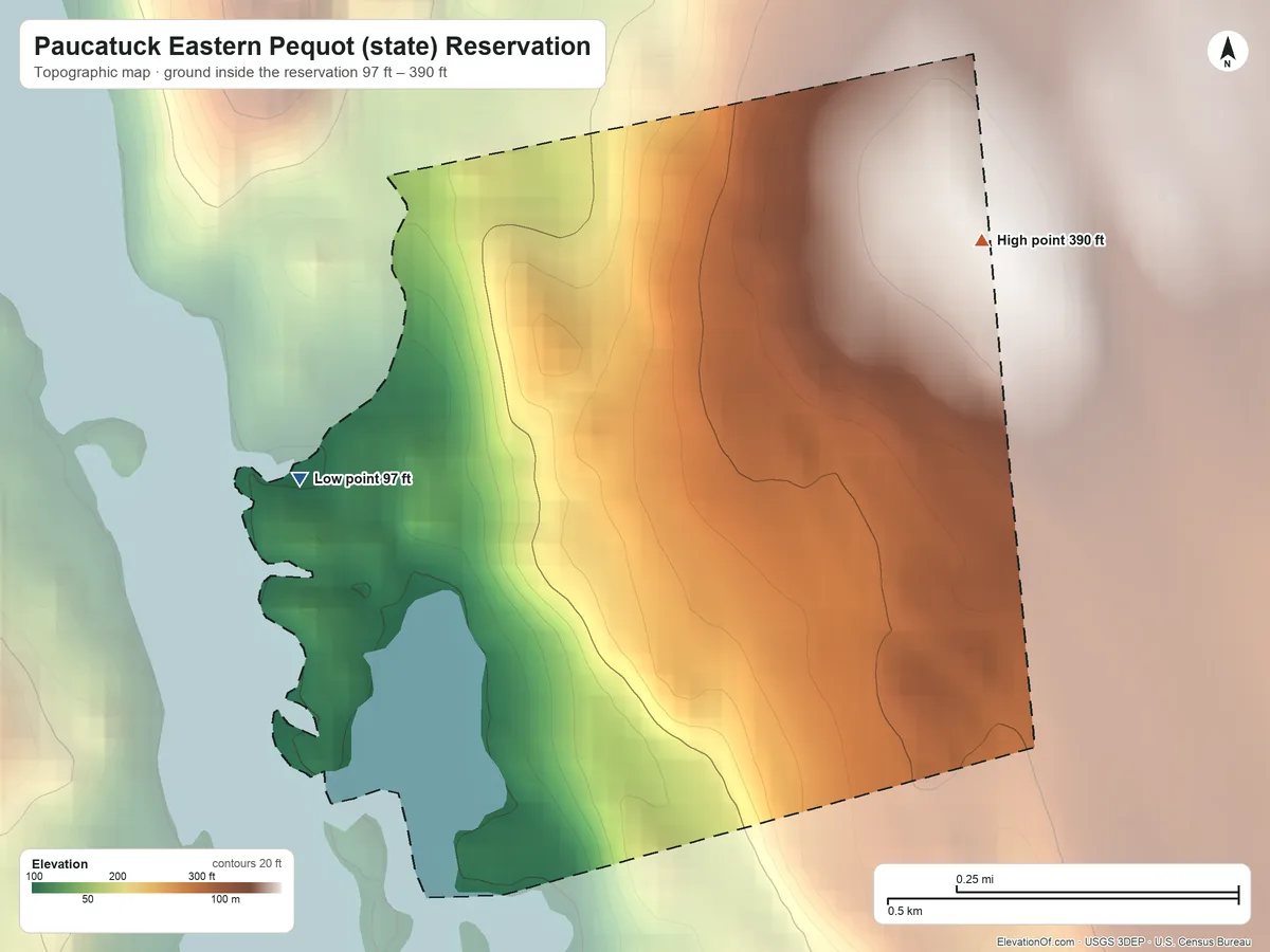 Topographic elevation map of Paucatuck Eastern Pequot (state) Reservation, Connecticut, shaded from 97 ft on the west side to 390 ft on the northeast side