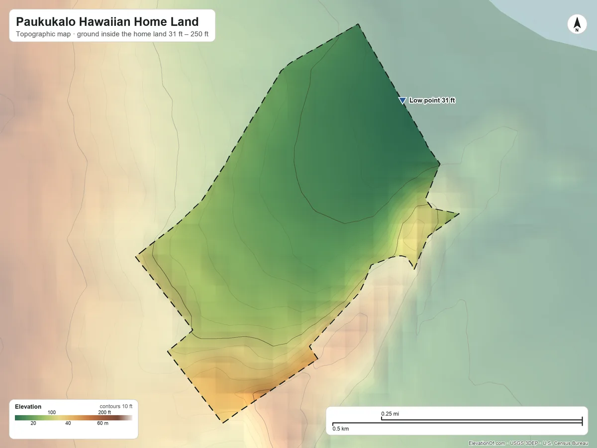 Topographic elevation map of Paukukalo Hawaiian Home Land, Hawaii, shaded from 31 ft on the northeast side to 250 ft on the south side