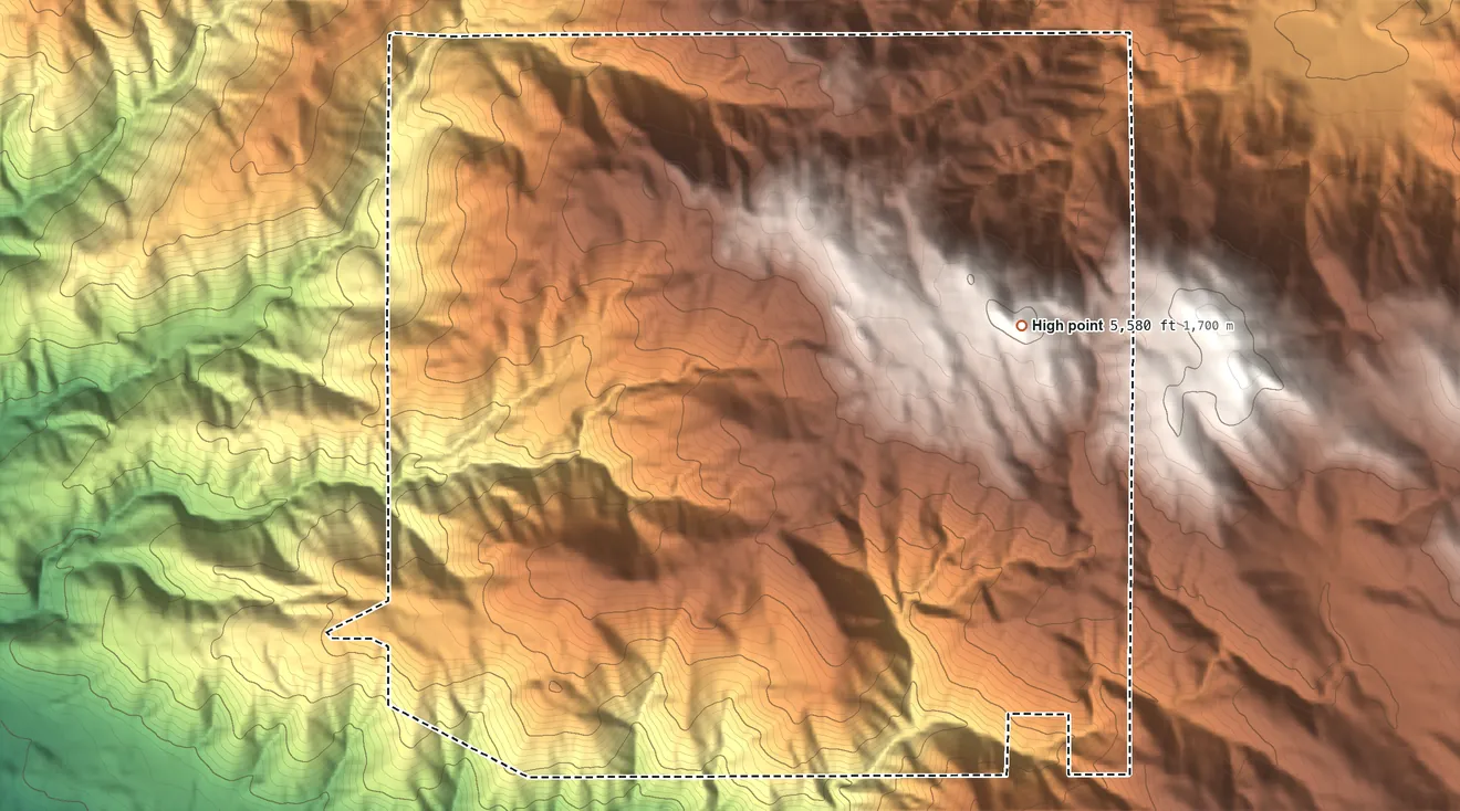 Topographic elevation map of Pauma and Yuima Reservation, California, shaded from 860 ft on the southwest side to 5,580 ft on the east side