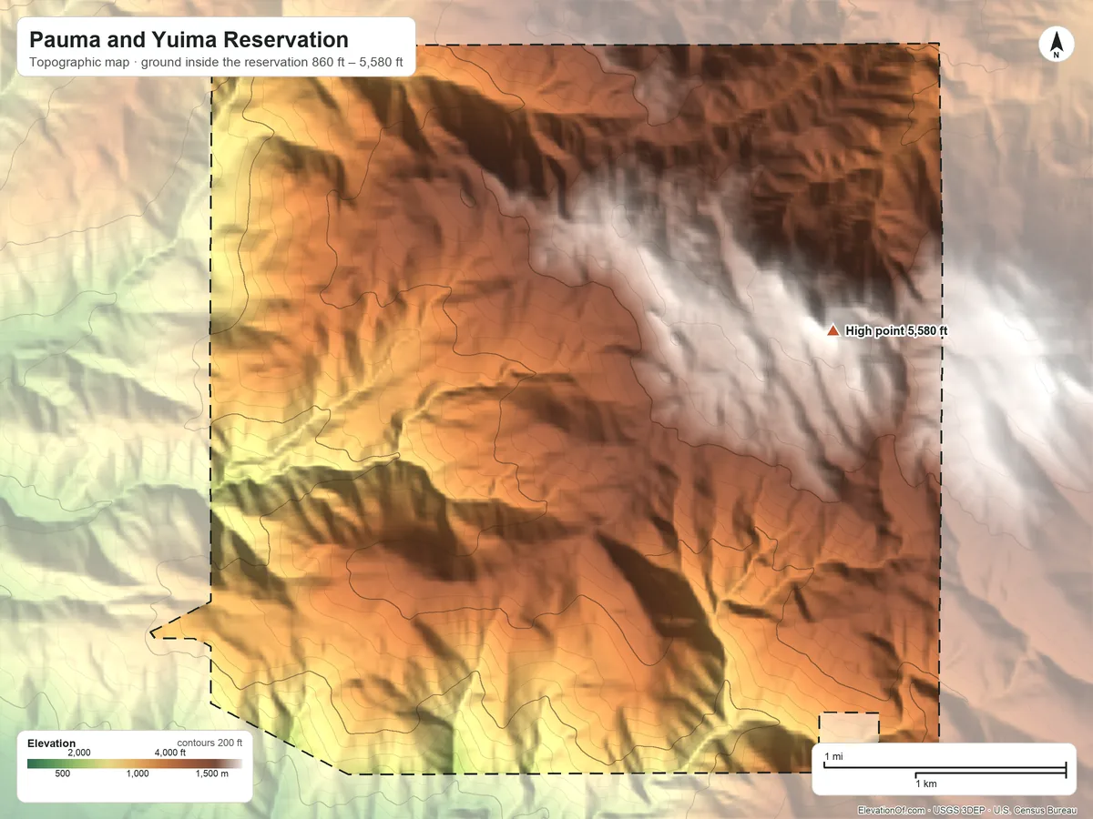 Topographic elevation map of Pauma and Yuima Reservation, California, shaded from 860 ft on the southwest side to 5,580 ft on the east side