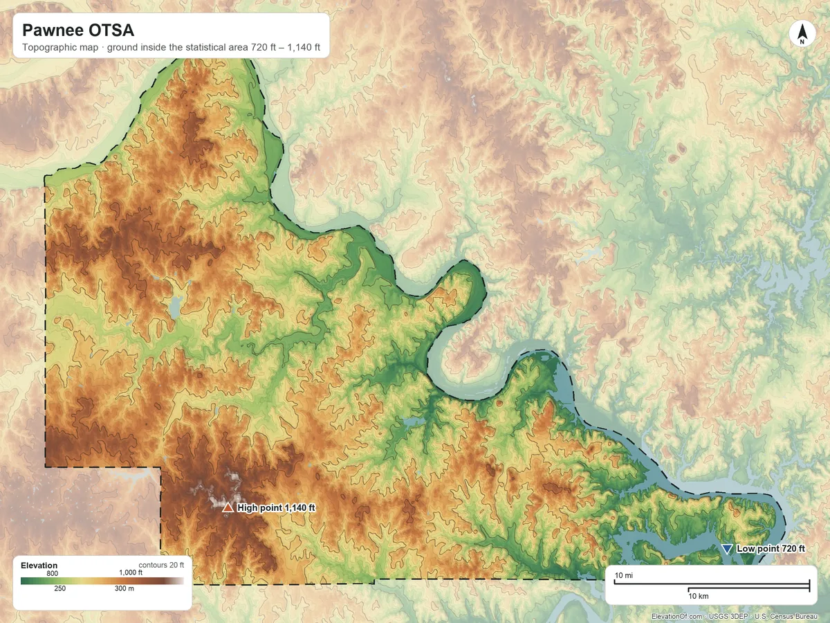 Topographic elevation map of Pawnee OTSA, Oklahoma, shaded from 720 ft on the southeast side to 1,140 ft on the southwest side