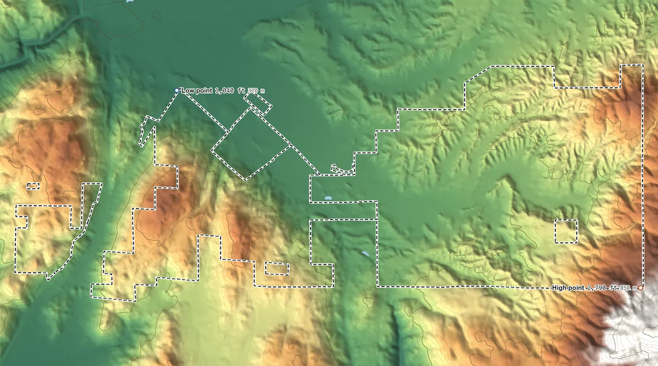 Topographic elevation map of Pechanga Reservation, California, shaded from 1,040 ft on the northwest side to 2,790 ft on the east side