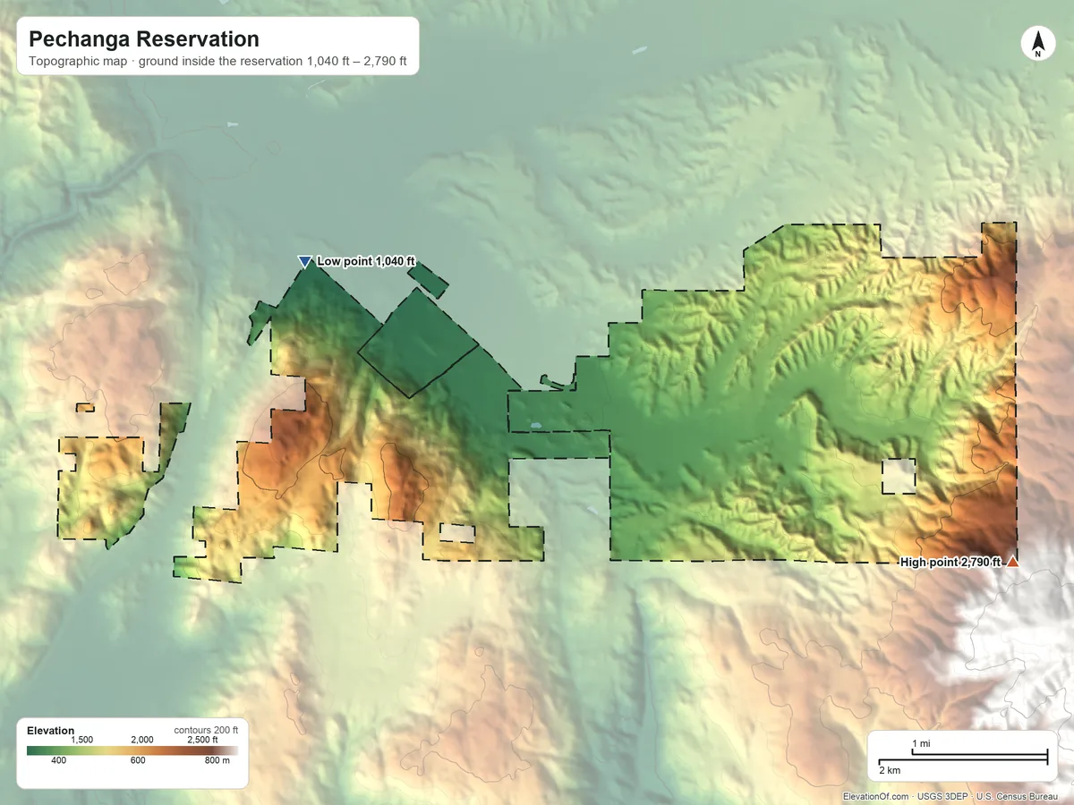 Topographic elevation map of Pechanga Reservation, California, shaded from 1,040 ft on the northwest side to 2,790 ft on the east side