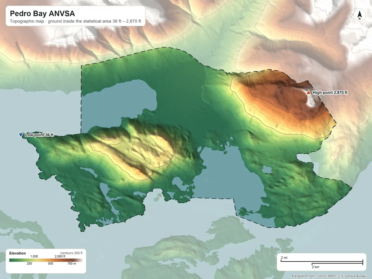 Topographic elevation map of Pedro Bay ANVSA, Alaska, shaded from 36 ft on the west side to 2,870 ft on the east side