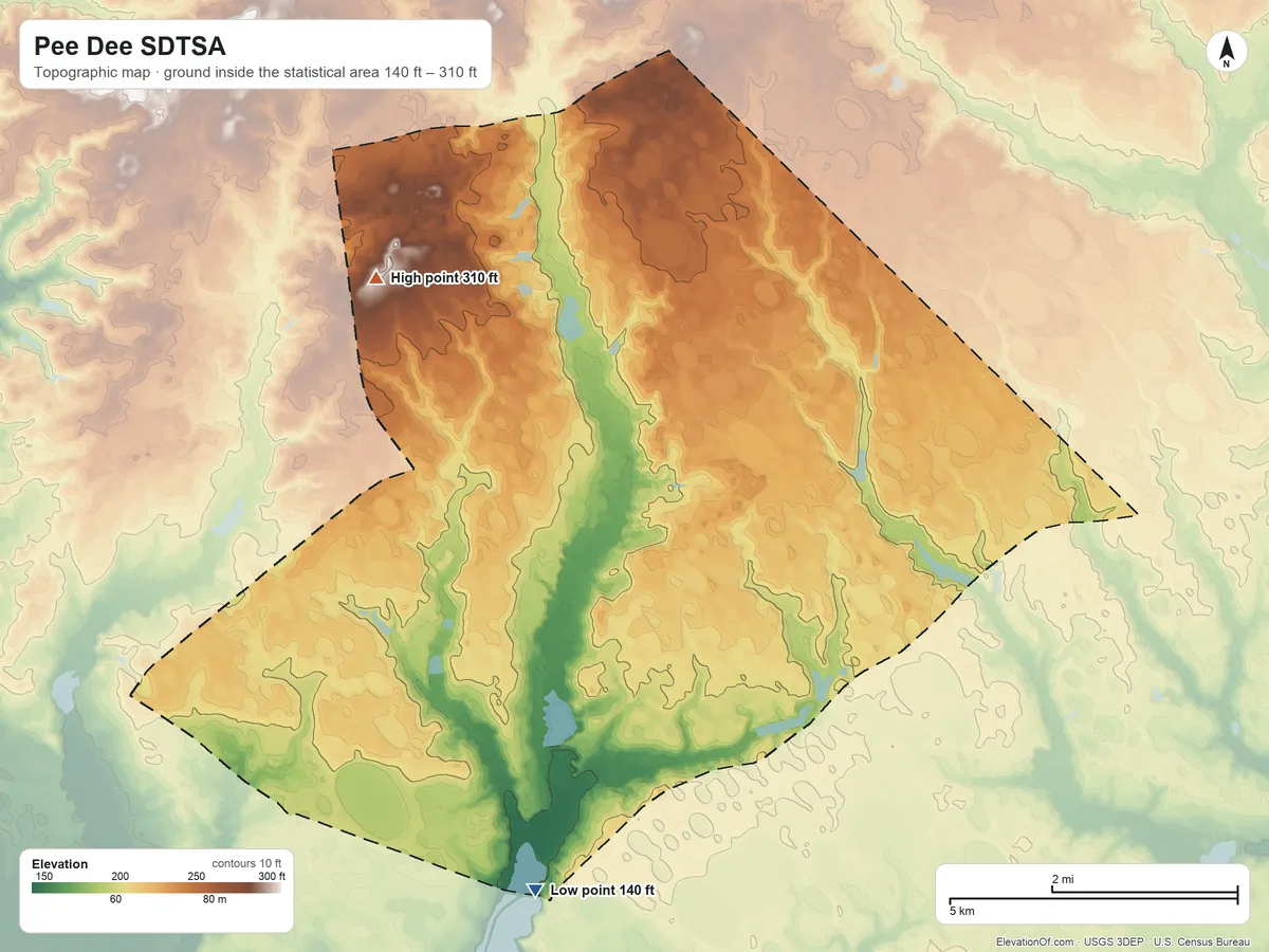 Topographic elevation map of Pee Dee SDTSA, South Carolina, shaded from 140 ft on the south side to 310 ft on the northwest side