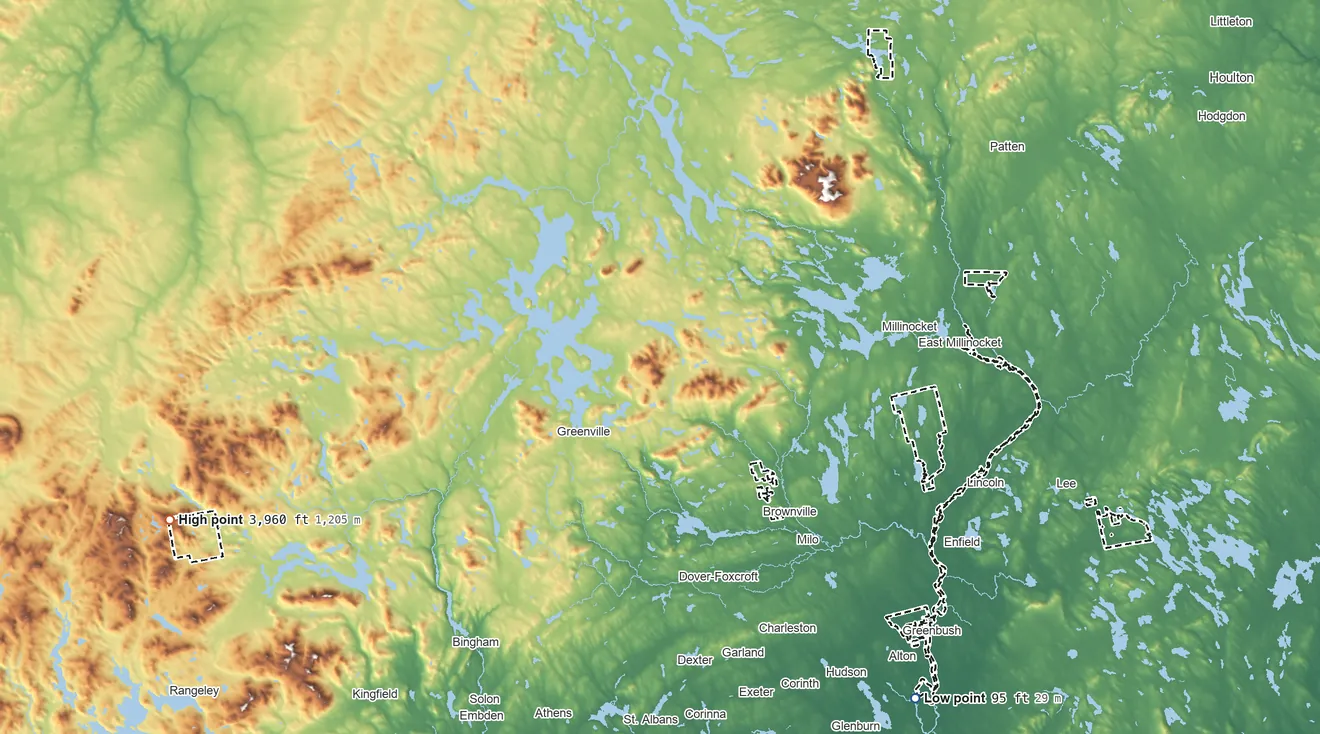 Topographic elevation map of Penobscot Reservation, Maine, shaded from 95 ft on the southeast side to 3,960 ft on Snow Mountain