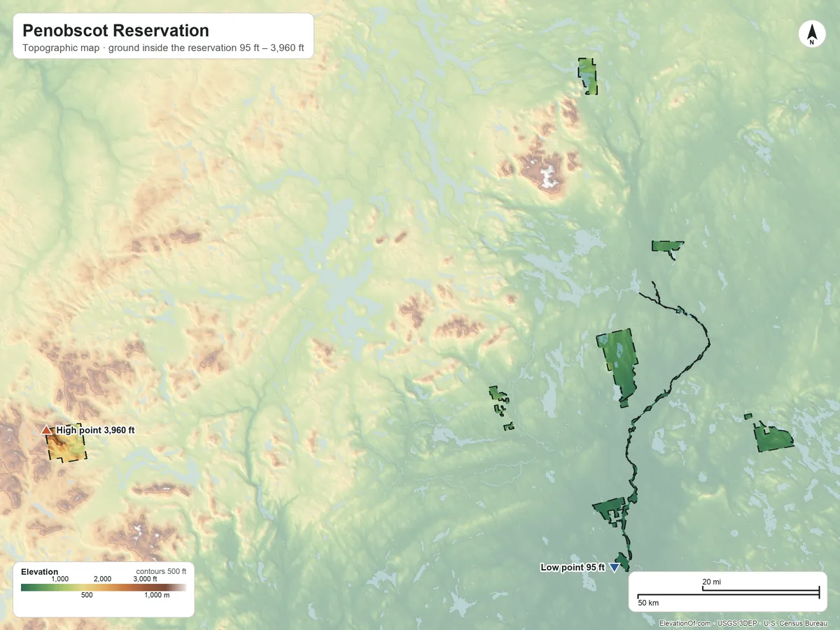 Topographic elevation map of Penobscot Reservation, Maine, shaded from 95 ft on the southeast side to 3,960 ft on Snow Mountain