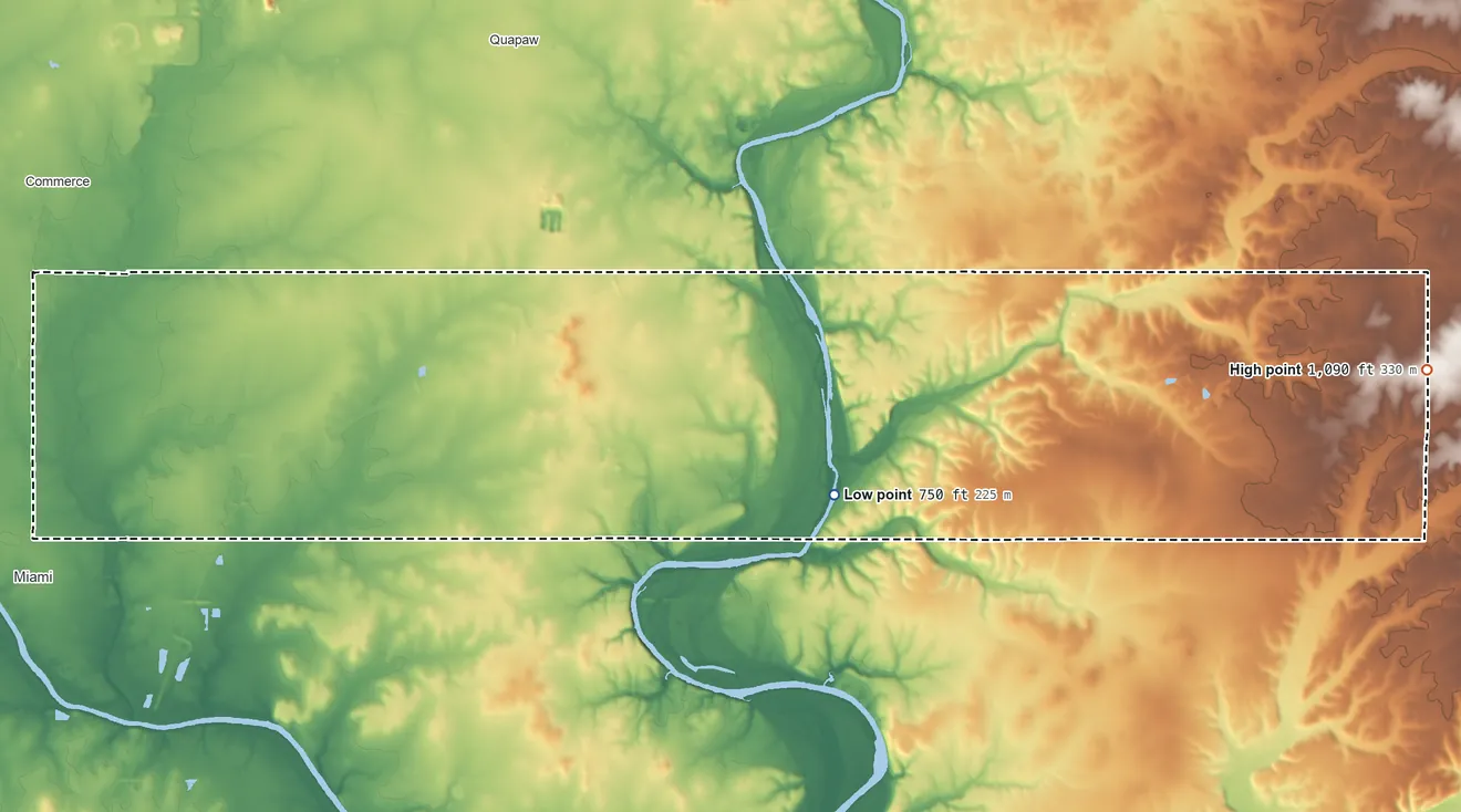 Topographic elevation map of Peoria OTSA, Oklahoma, shaded from 750 ft near the middle to 1,090 ft on the east side