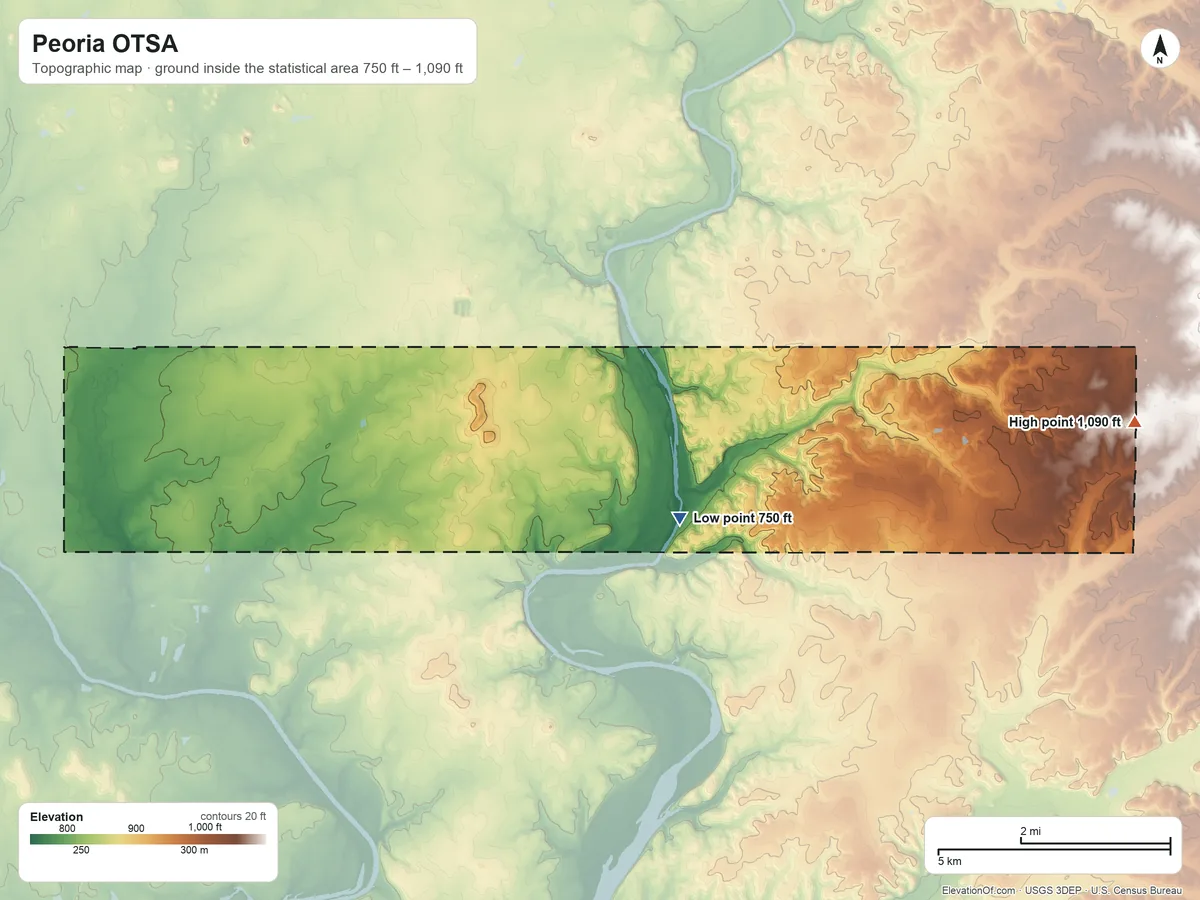 Topographic elevation map of Peoria OTSA, Oklahoma, shaded from 750 ft near the middle to 1,090 ft on the east side