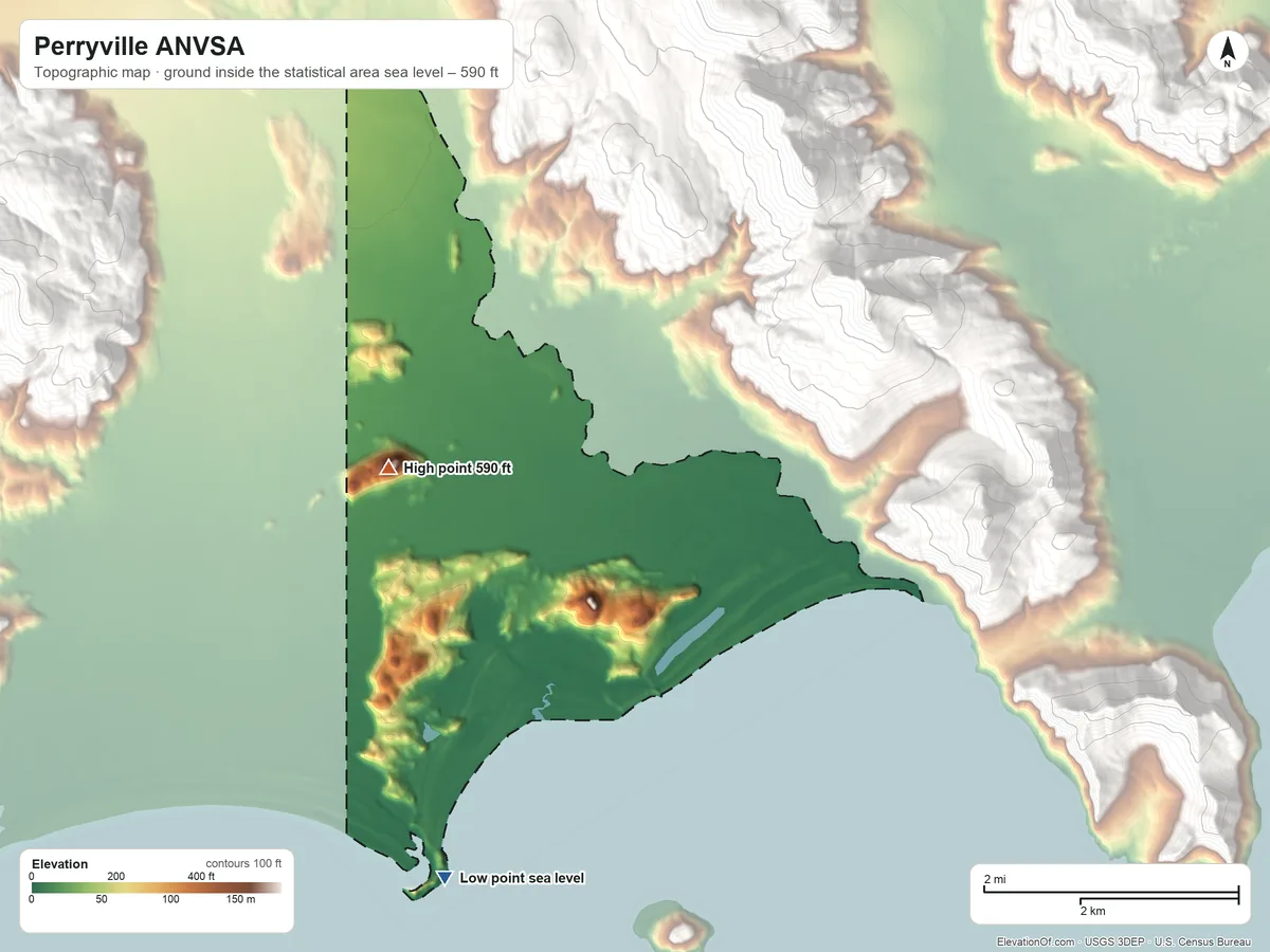 Topographic elevation map of Perryville ANVSA, Alaska, shaded from sea level on the Pacific Ocean to 590 ft on the west side