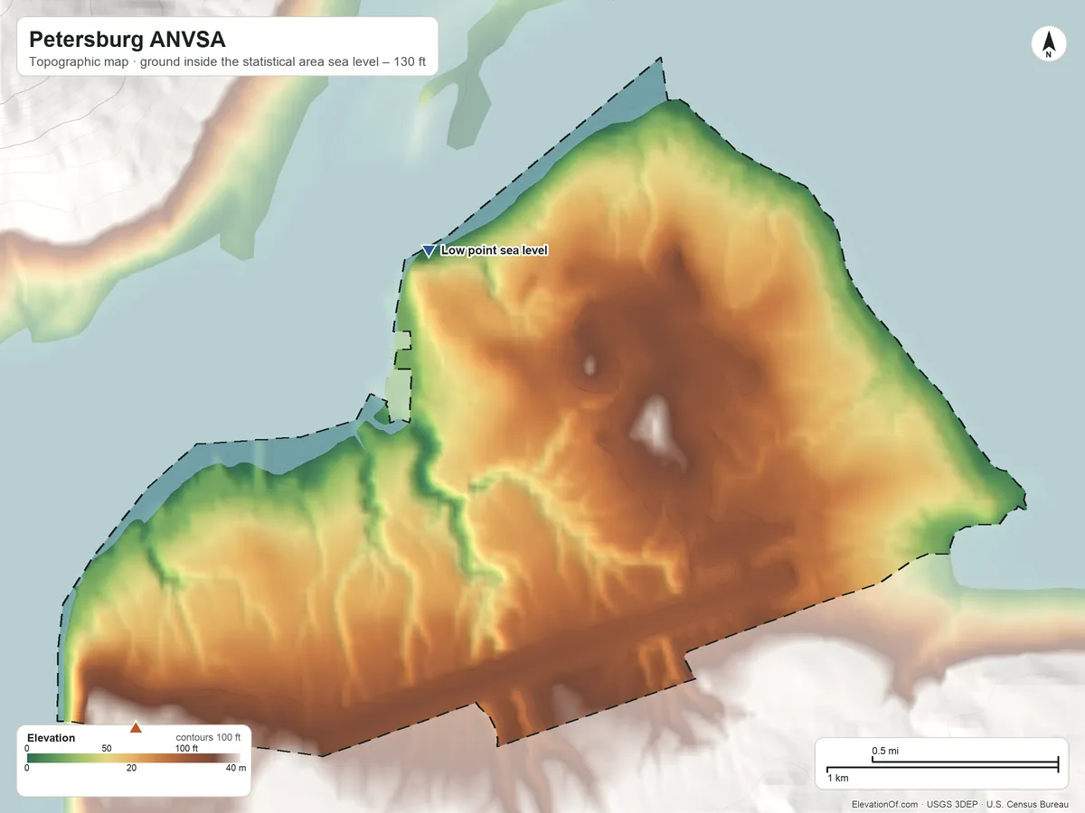 Topographic elevation map of Petersburg ANVSA, Alaska, shaded from sea level on the Wrangell Narrows to 130 ft on the southwest side