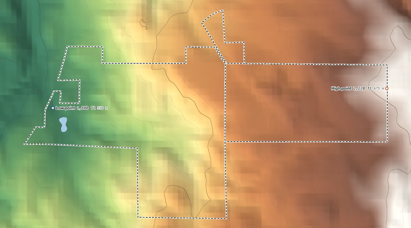 Topographic elevation map of Picayune Rancheria, California, shaded from 1,800 ft on the west side to 2,220 ft on the east side