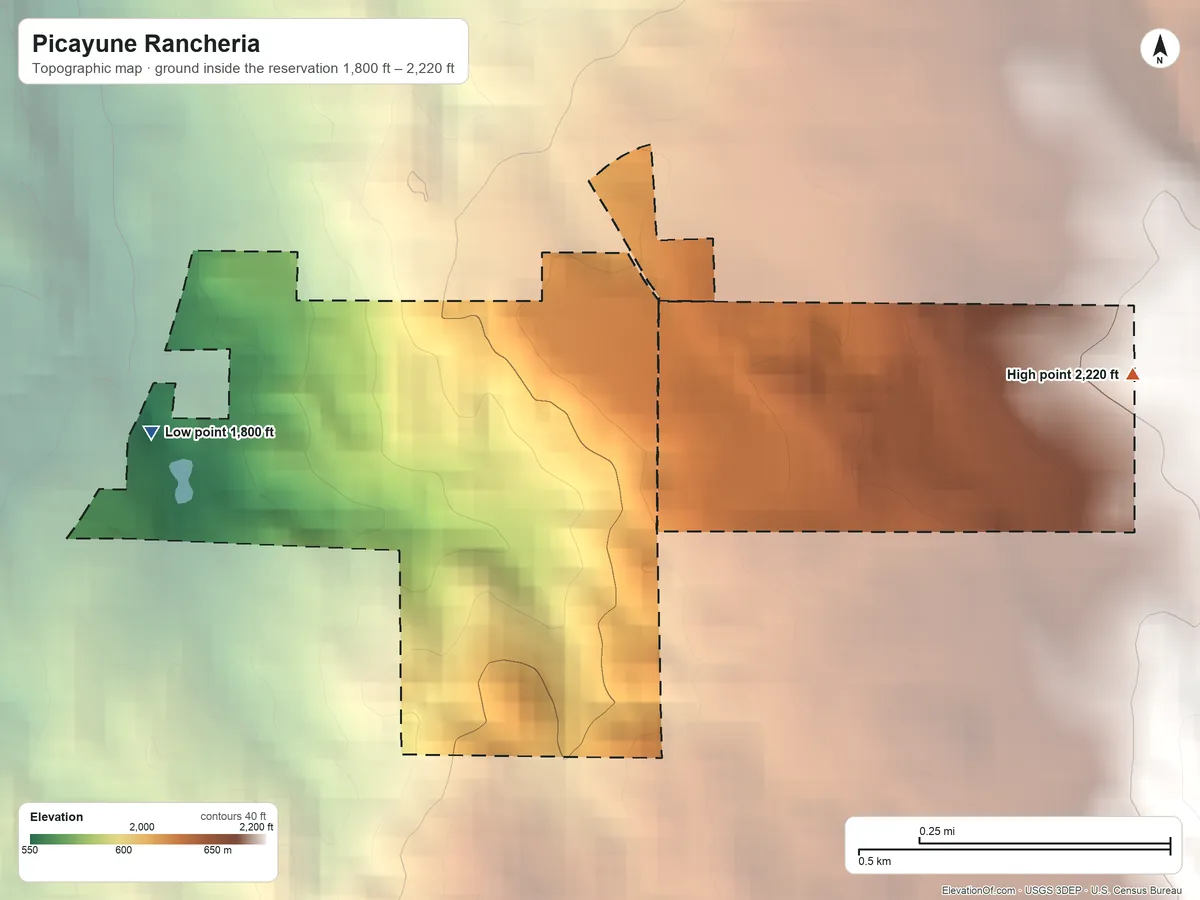 Topographic elevation map of Picayune Rancheria, California, shaded from 1,800 ft on the west side to 2,220 ft on the east side