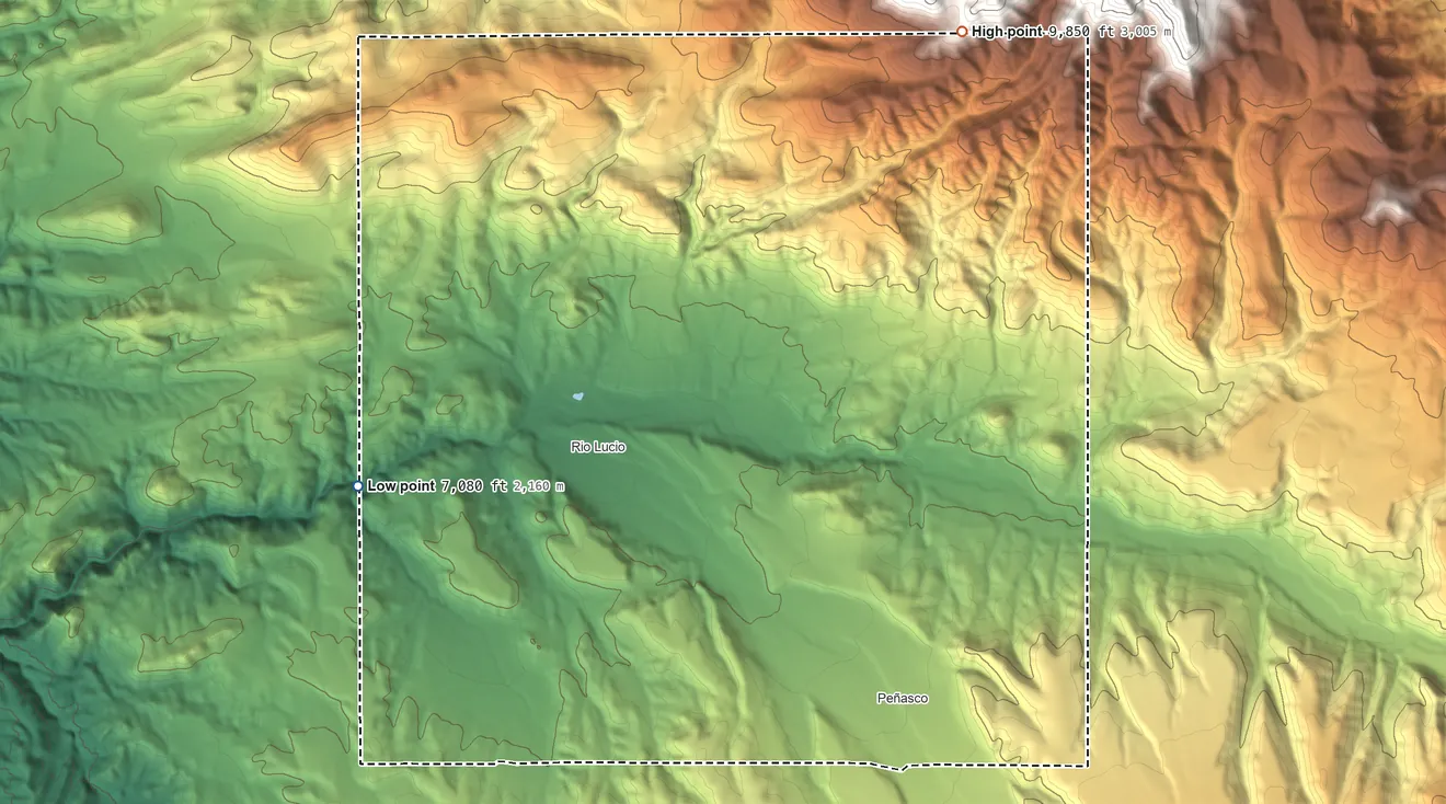 Topographic elevation map of Picuris Pueblo, New Mexico, shaded from 7,080 ft on the west side to 9,850 ft on the northeast side