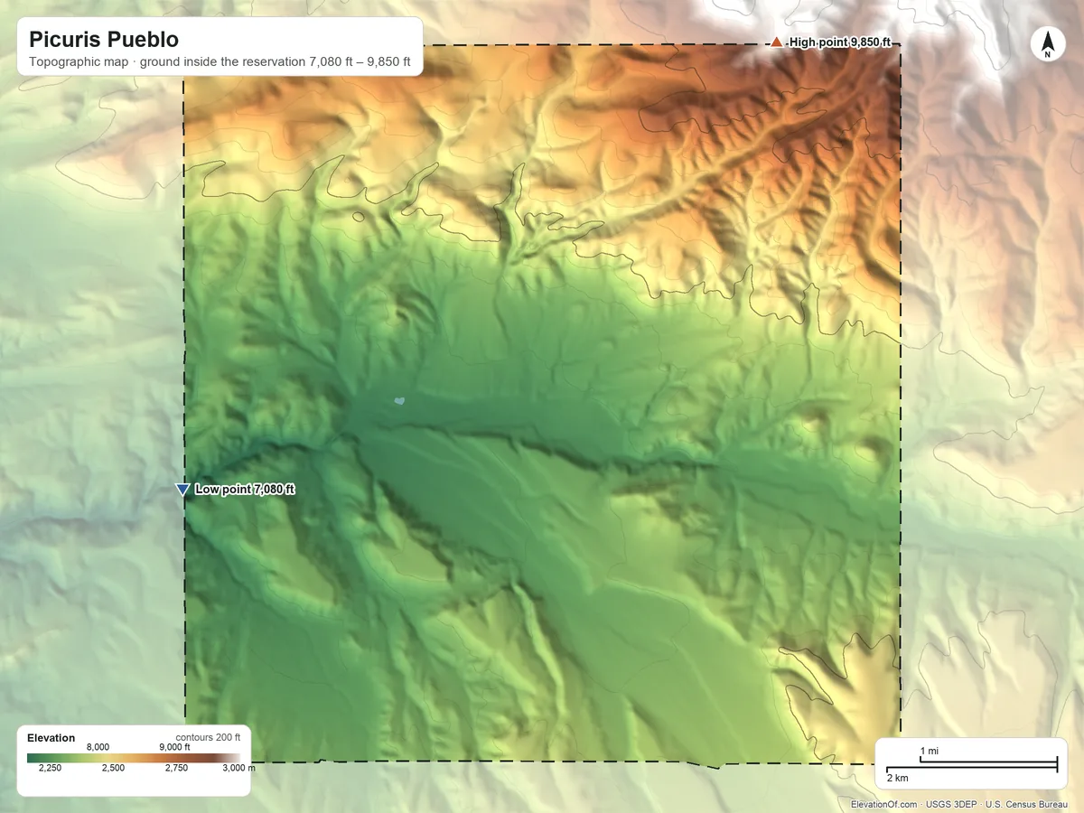 Topographic elevation map of Picuris Pueblo, New Mexico, shaded from 7,080 ft on the west side to 9,850 ft on the northeast side