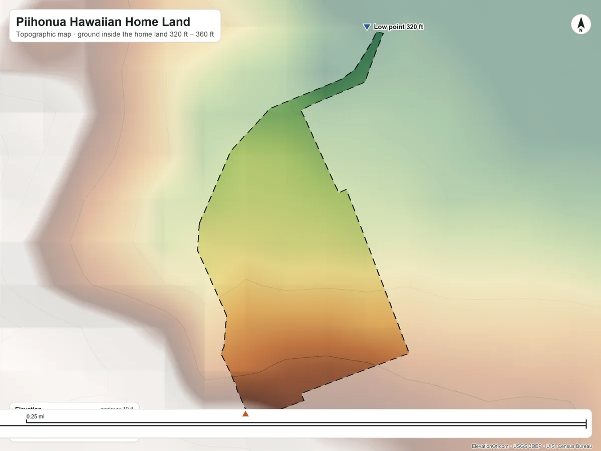 Topographic elevation map of Piihonua Hawaiian Home Land, Hawaii, shaded from 320 ft on the north side to 360 ft on the south side