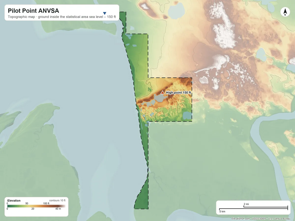 Topographic elevation map of Pilot Point ANVSA, Alaska, shaded from sea level on Ugashik Bay to 150 ft on the northeast side