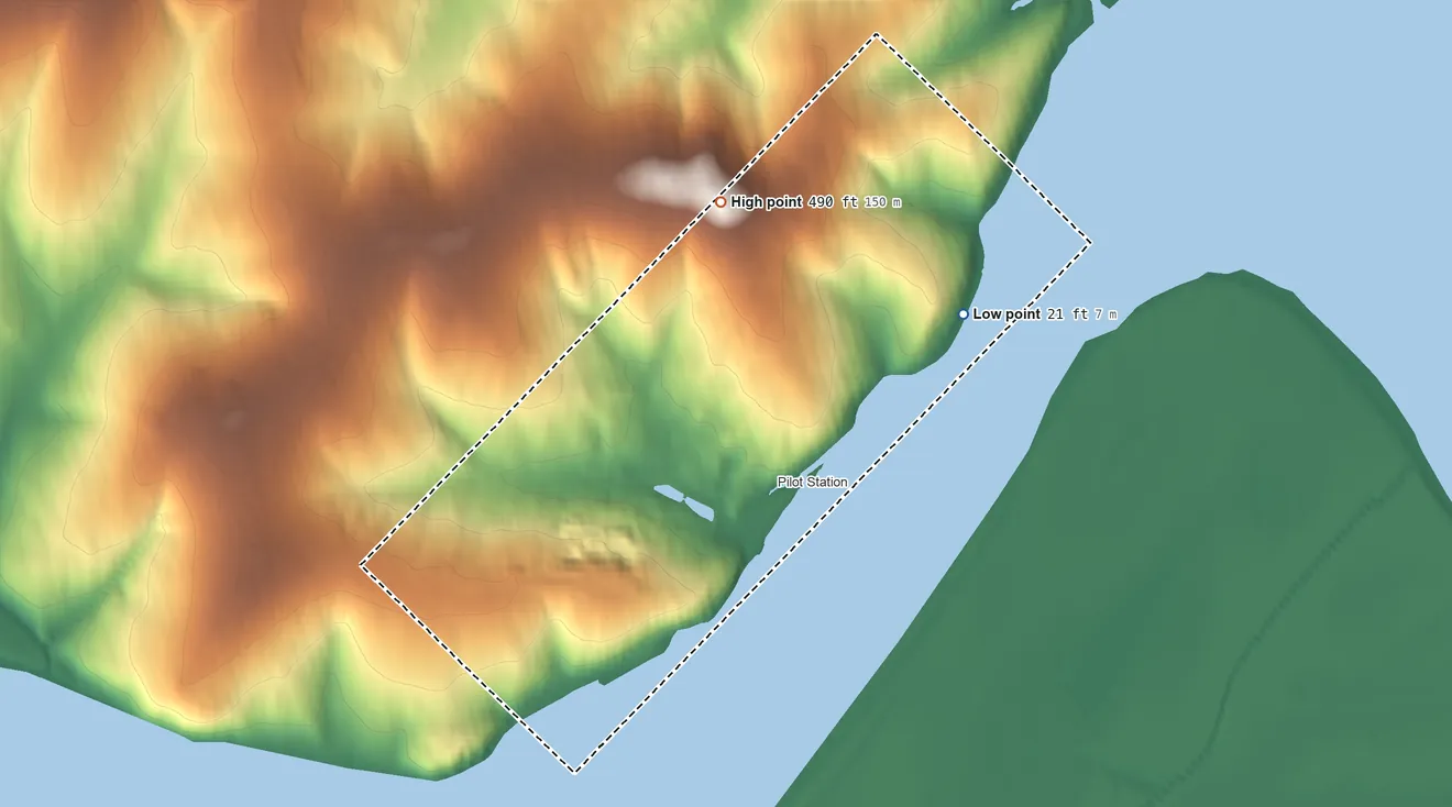 Topographic elevation map of Pilot Station ANVSA, Alaska, shaded from 21 ft on the east side to 490 ft on the north side