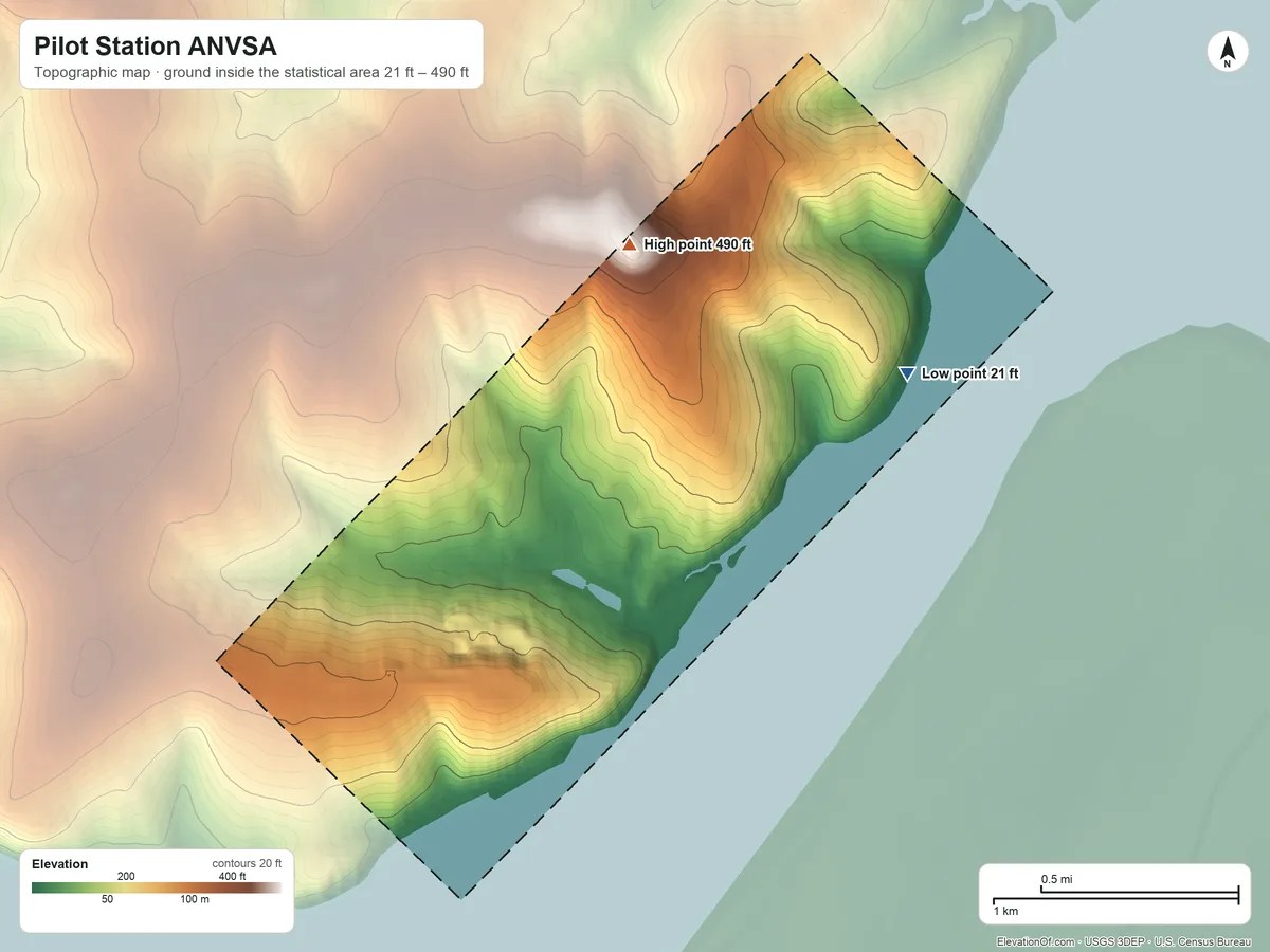 Topographic elevation map of Pilot Station ANVSA, Alaska, shaded from 21 ft on the east side to 490 ft on the north side