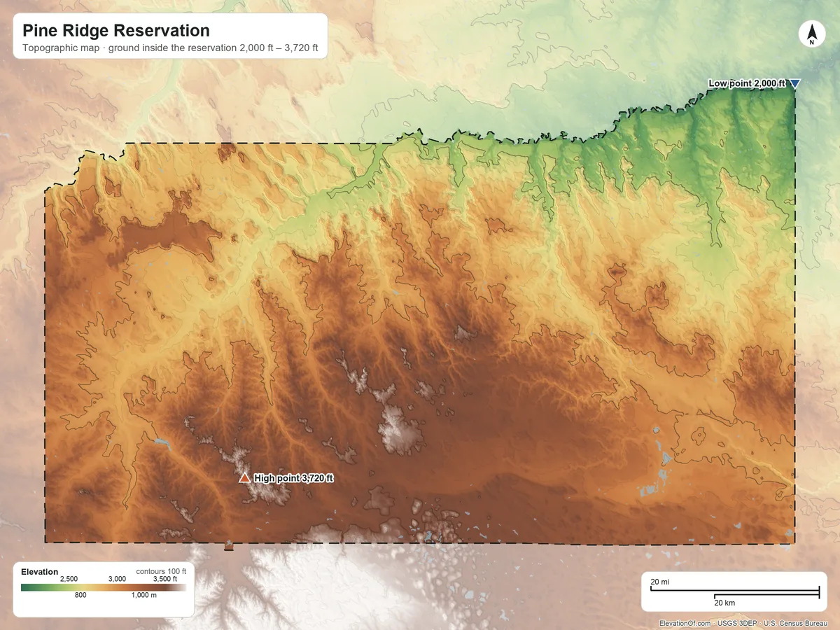 Topographic elevation map of Pine Ridge Reservation, South Dakota, shaded from 2,000 ft on the northeast side to 3,720 ft on the southwest side