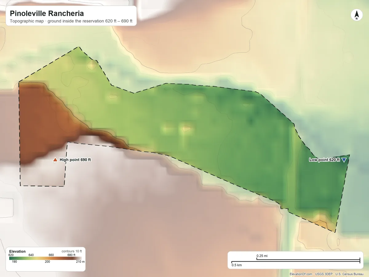 Topographic elevation map of Pinoleville Rancheria, California, shaded from 620 ft on the east side to 690 ft on the west side