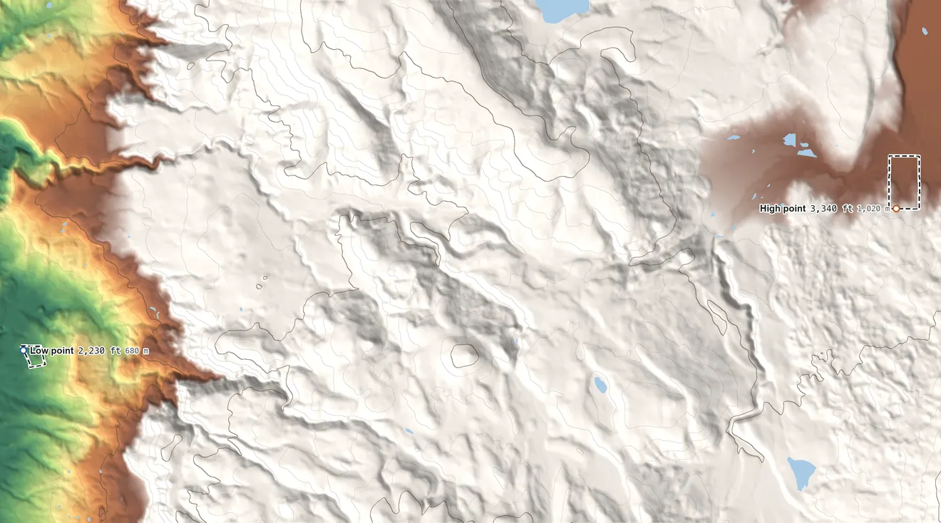 Topographic elevation map of Pit River Trust Land, California, shaded from 2,230 ft on the west side to 3,340 ft on the east side