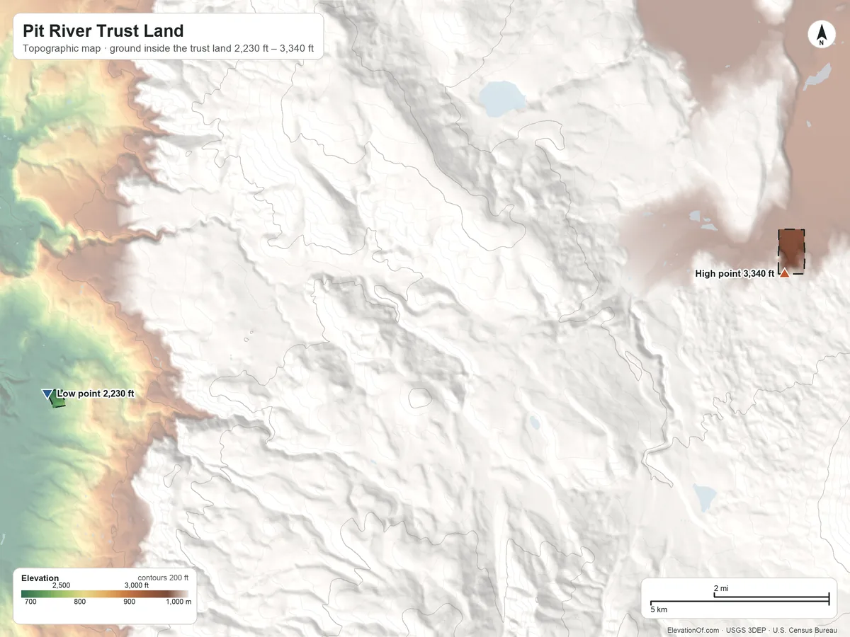 Topographic elevation map of Pit River Trust Land, California, shaded from 2,230 ft on the west side to 3,340 ft on the east side