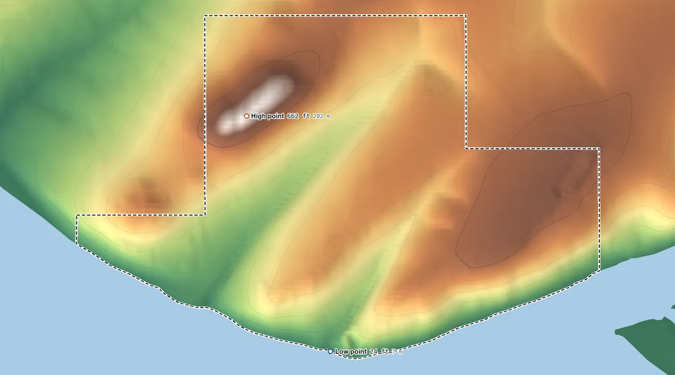Topographic elevation map of Pitkas Point ANVSA, Alaska, shaded from 24 ft on the south side to 662 ft on Andreafsky Mountain