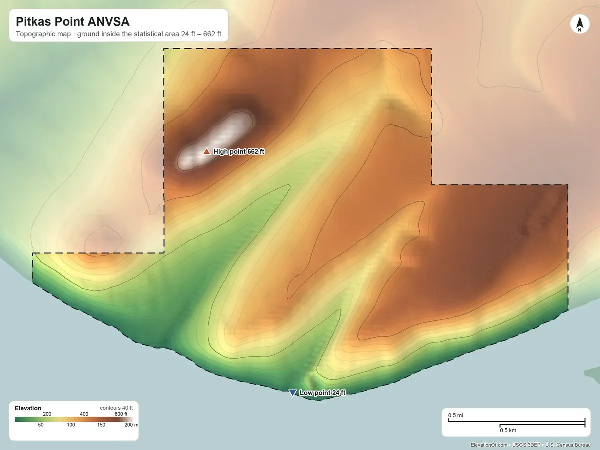 Topographic elevation map of Pitkas Point ANVSA, Alaska, shaded from 24 ft on the south side to 662 ft on Andreafsky Mountain