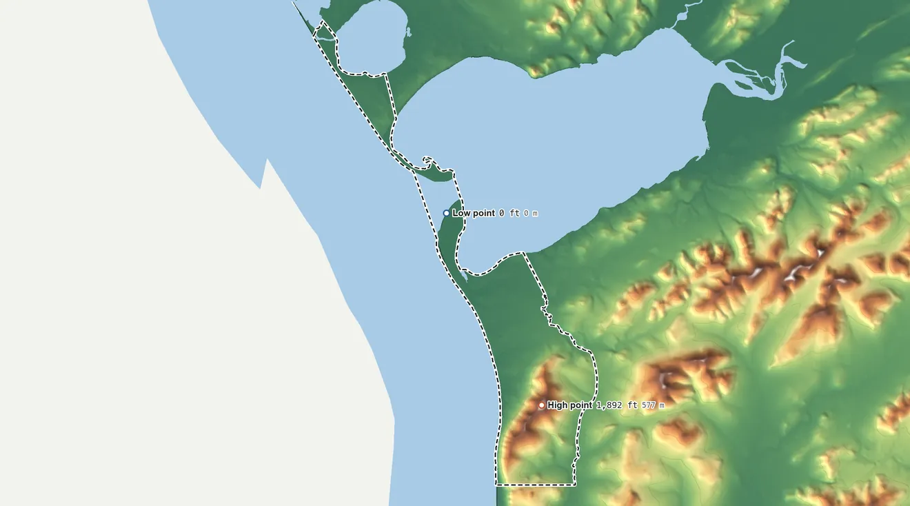Topographic elevation map of Platinum ANVSA, Alaska, shaded from sea level on Goodnews Bay to 1,892 ft on Red Mountain