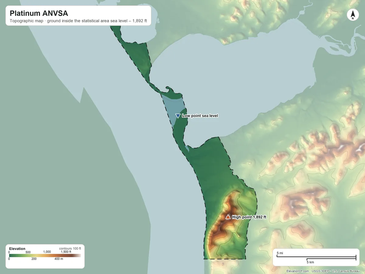Topographic elevation map of Platinum ANVSA, Alaska, shaded from sea level on Goodnews Bay to 1,892 ft on Red Mountain