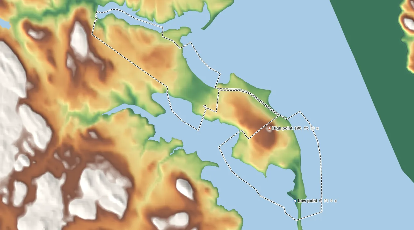 Topographic elevation map of Pleasant Point Reservation, Maine, shaded from 0 ft on the southeast side to 100 ft on the east side